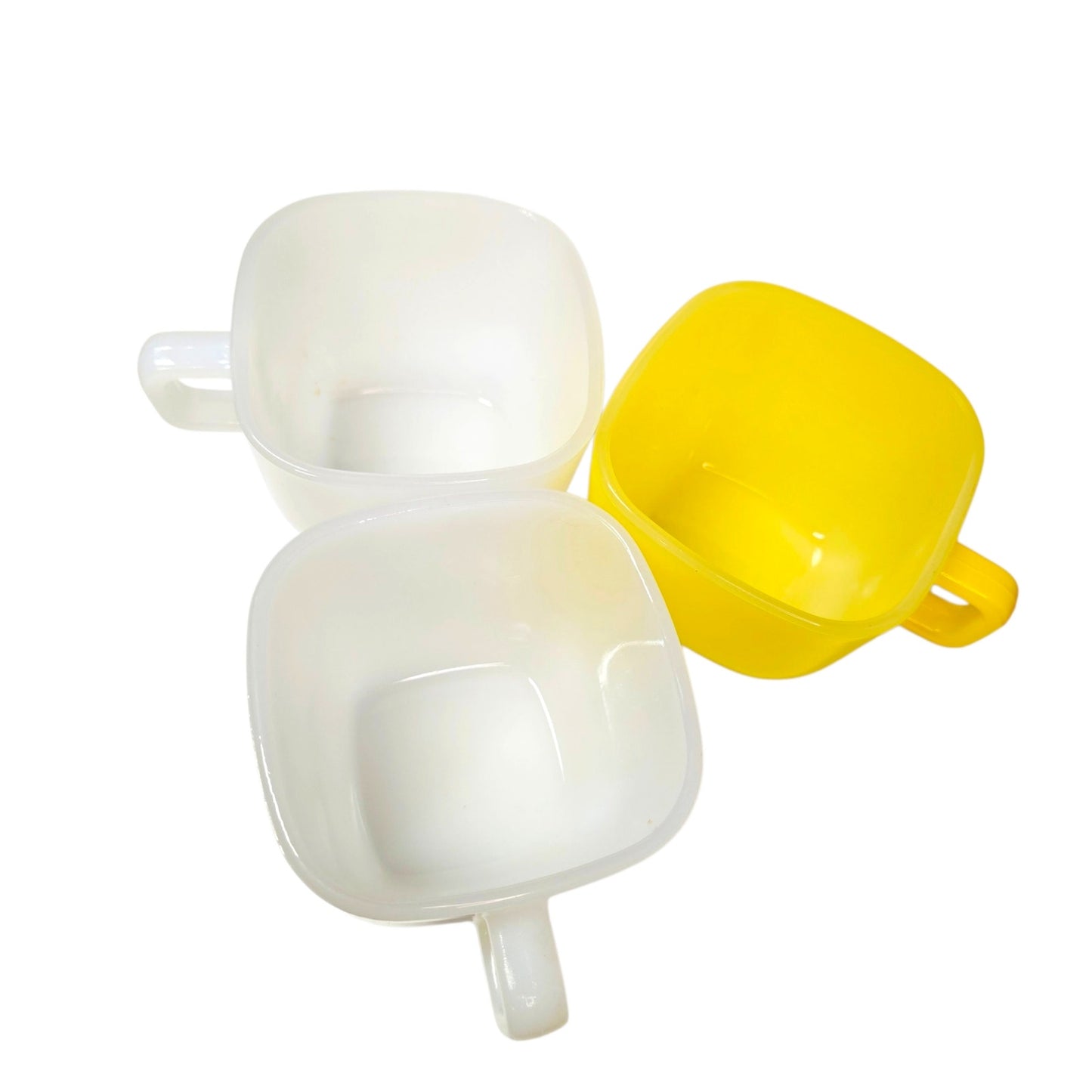 Glasbake Milk Glass Mugs Set 3 Square White Yellow USA Vintage Coffee Cups