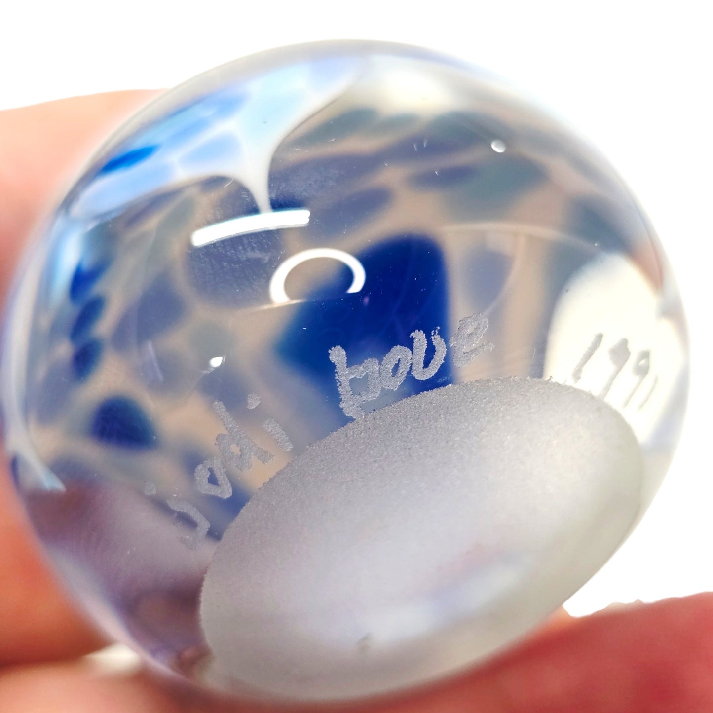 Signed Jodi Bove 1991 Art Glass Paperweight Blue White Floral Swirl Flower 2"