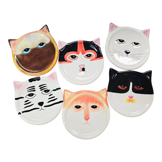 Vintage Y2K Bandwagon Cat Face Ceramic Drink Coasters - Set of 6 AS IS