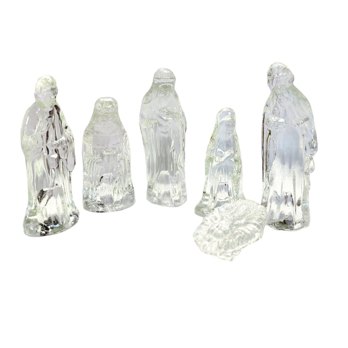 Glass Nativity Scene 6 Piece Boxed Set Figurines Baby Jesus Mary Joseph Kings 4"