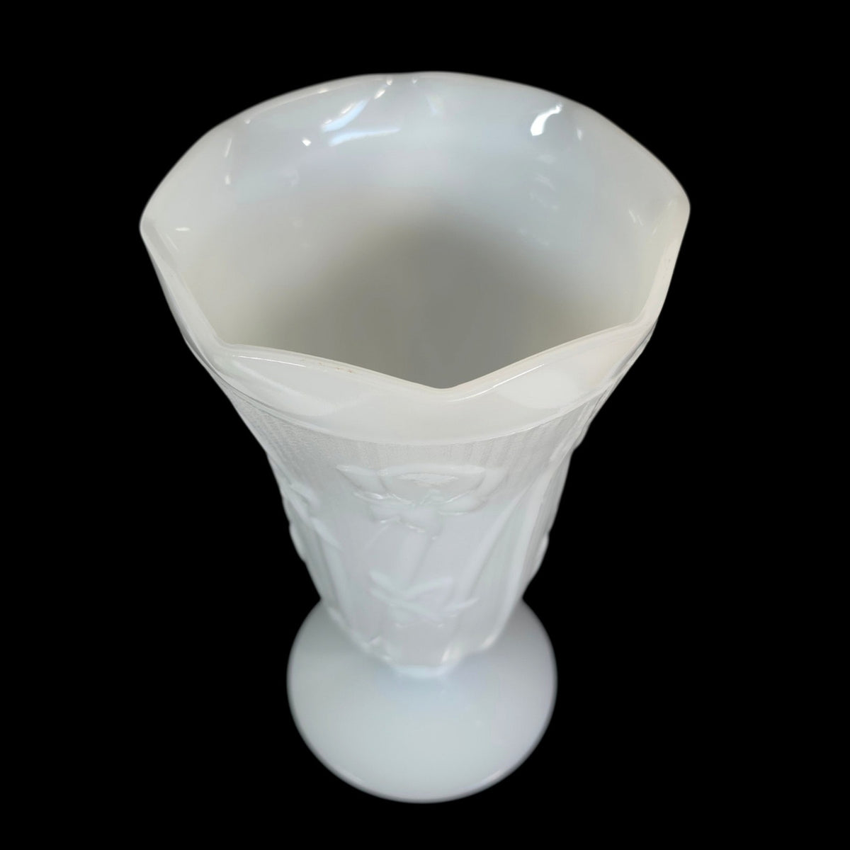 Vintage Jeannette Glass Iris & Herringbone Milk Glass 9” Footed Vase