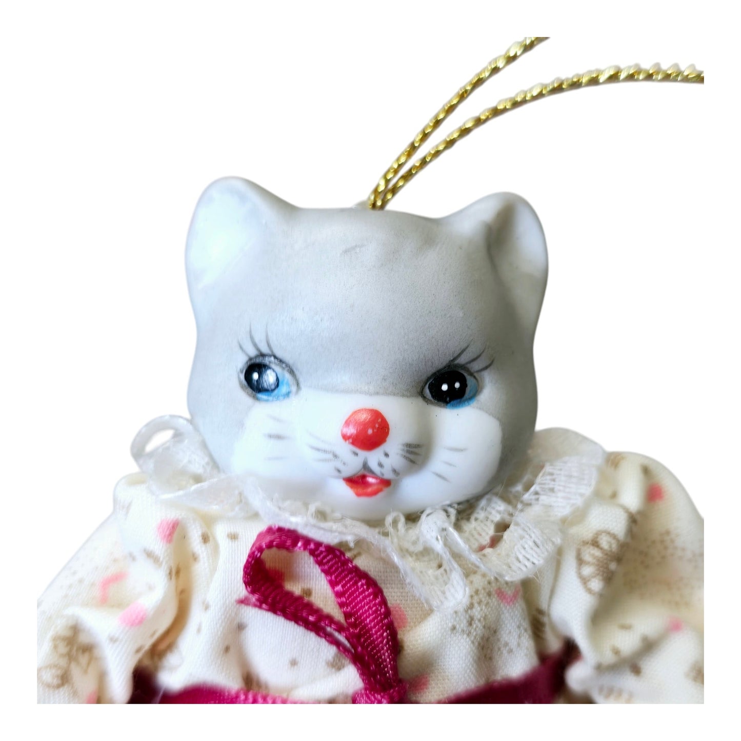 Vintage Porcelain Cat Ornament, Moveable Arms with Handmade Dress