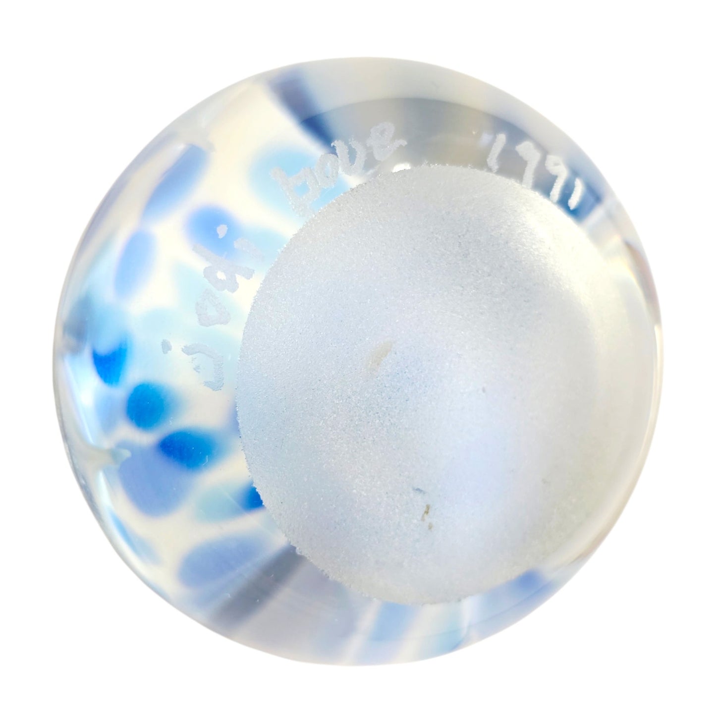 Signed Jodi Bove 1991 Art Glass Paperweight Blue White Floral Swirl Flower 2"