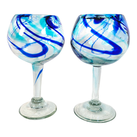 Set of 2 Hand Blown Margarita Glass Wine Goblets Blue Swirl Heavy Art Glass