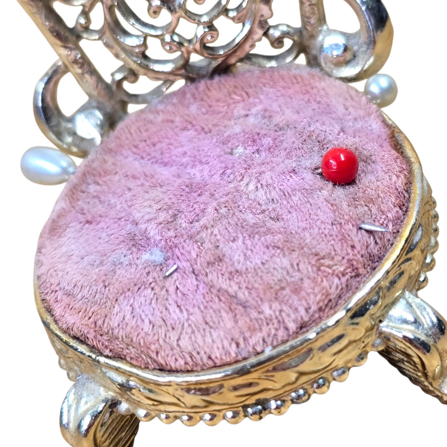 Vtg Sam Fink Miniature Chair Pin Cushion Ornate Gold Filigree Sewing Dollhouse