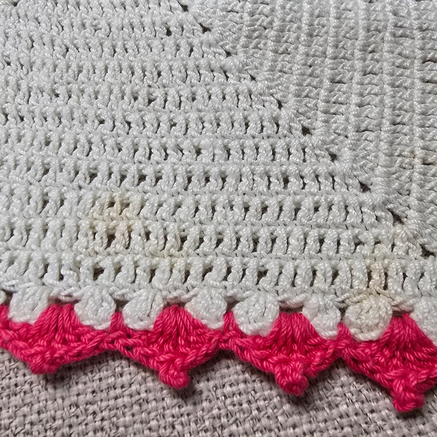 Set of 4 Vintage Handmade Crocheted Doilies with Dark Pink Trim