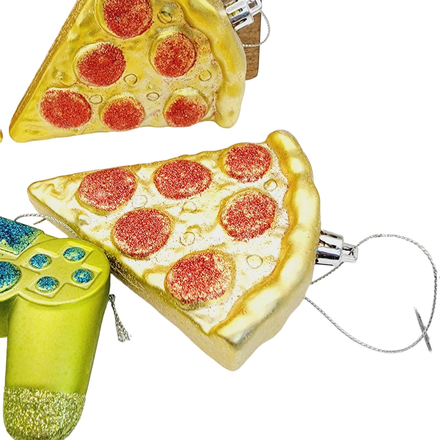 Set of 5 Glitter Ornaments 3 Pizza Slice Ornaments and 2 Gamer Control Ornaments