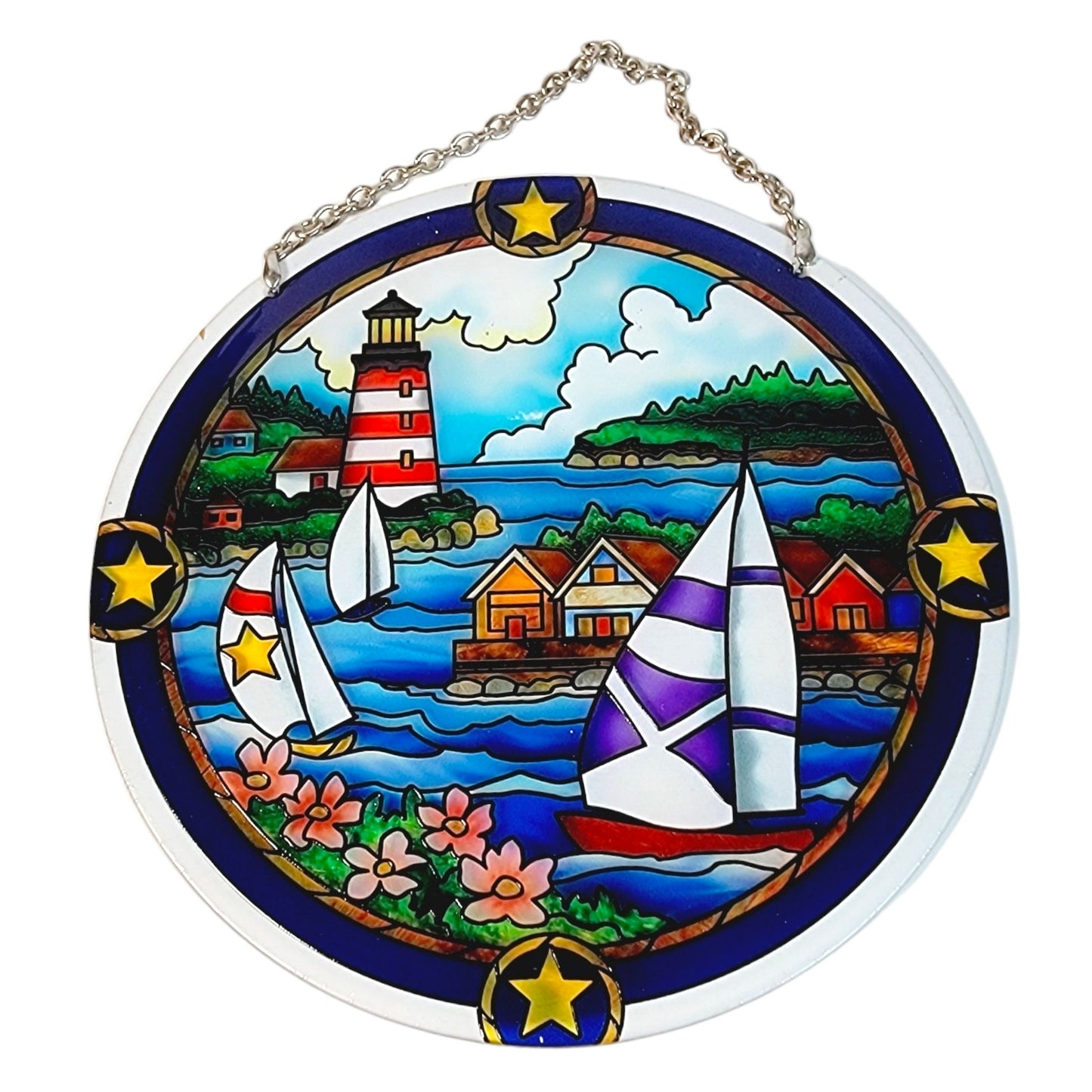 Stain Glass Sailboat Lighthouse Ocean Village Sun Catcher Window Hanging 6.5" D