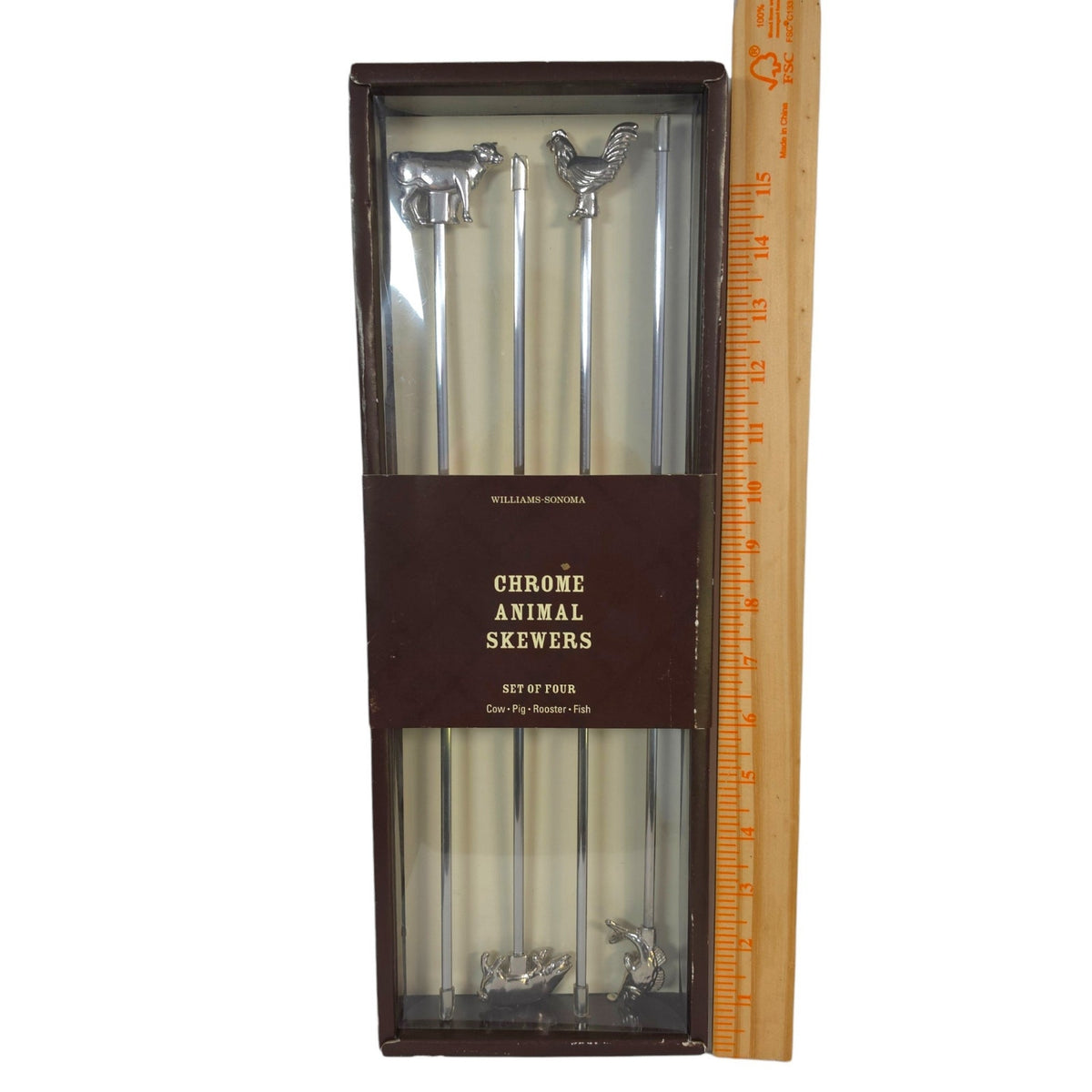 Williams-Sonoma Chrome Animal Skewers Set of 4 Cow Pig Rooster Fish NIB