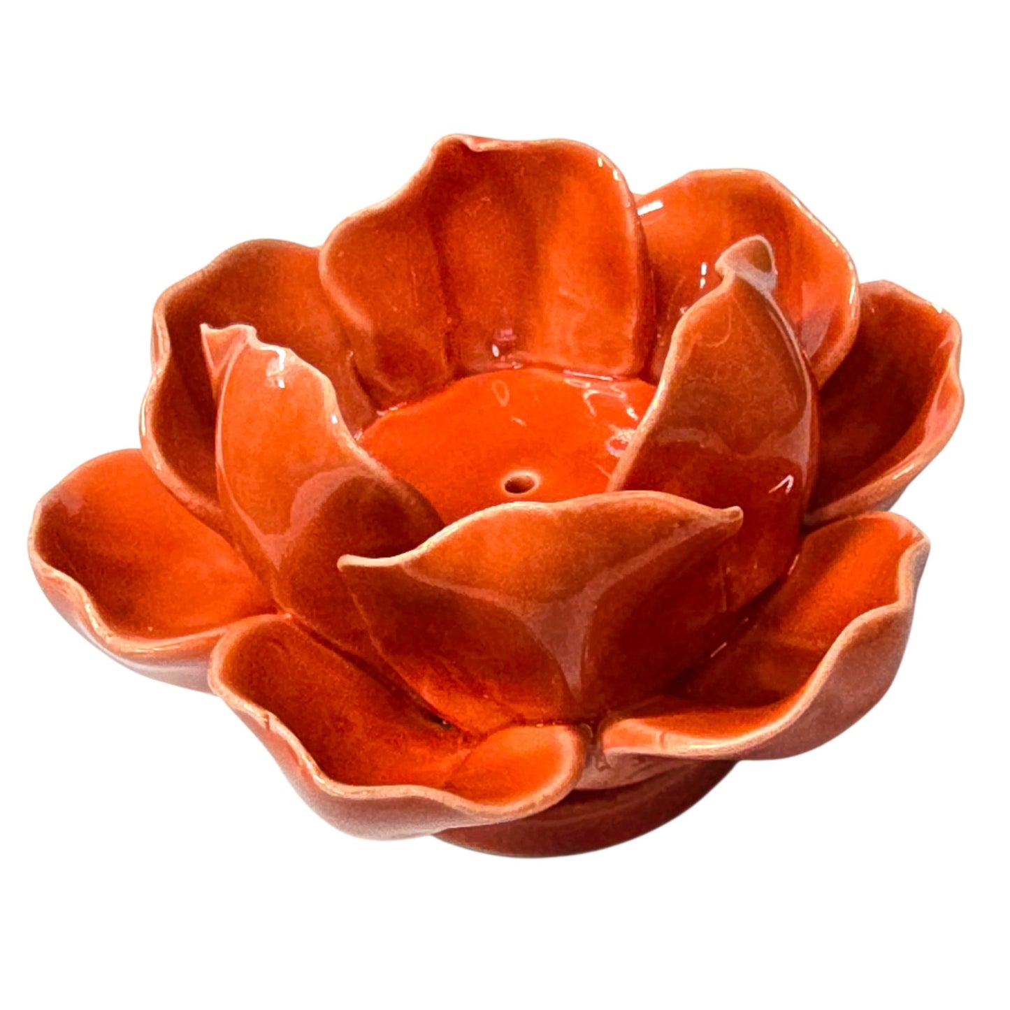 Vintage Poppy Orange Glazed Pottery Lotus Flower Candle Holder Tea Light Artisan