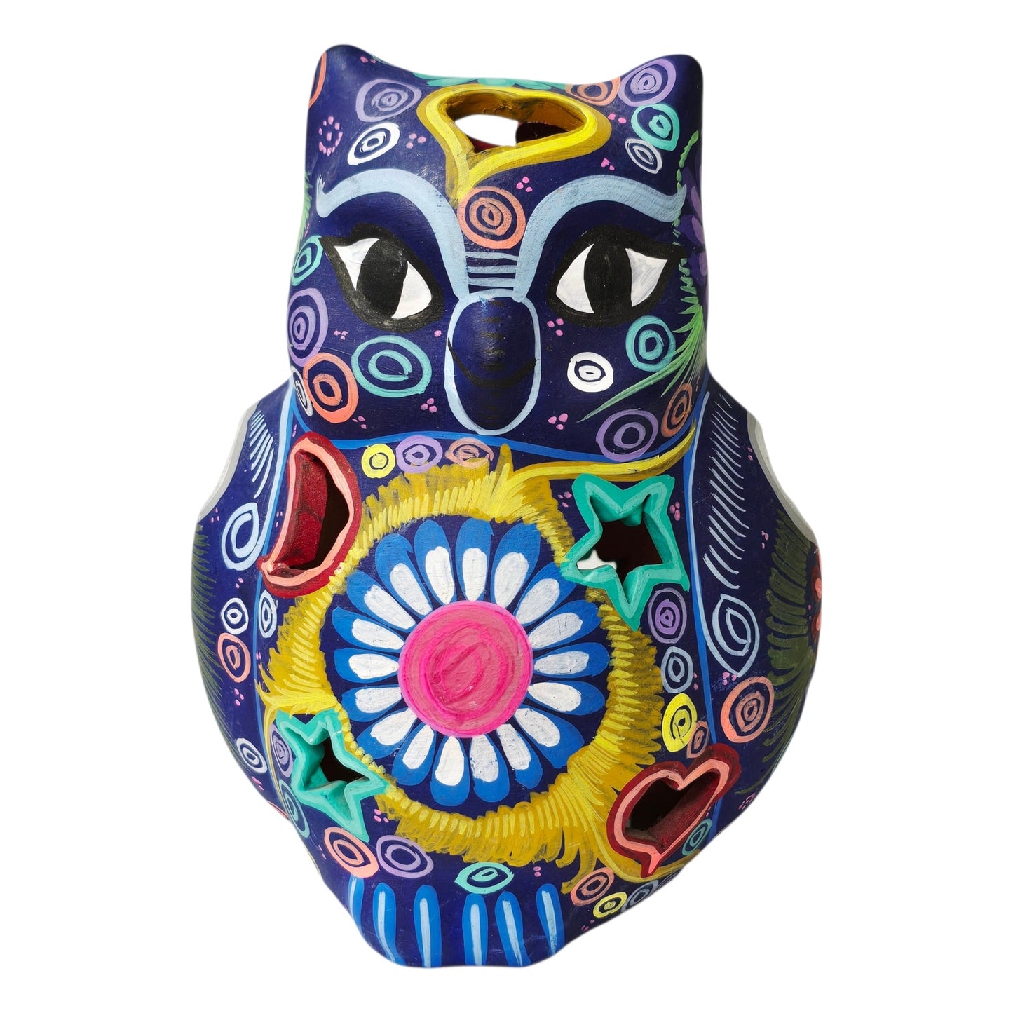 Mexican Talavera Style Owl Luminary Hand Painted Folk Art Candle Holder