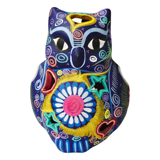Mexican Talavera Style Owl Luminary Hand Painted Folk Art Candle Holder