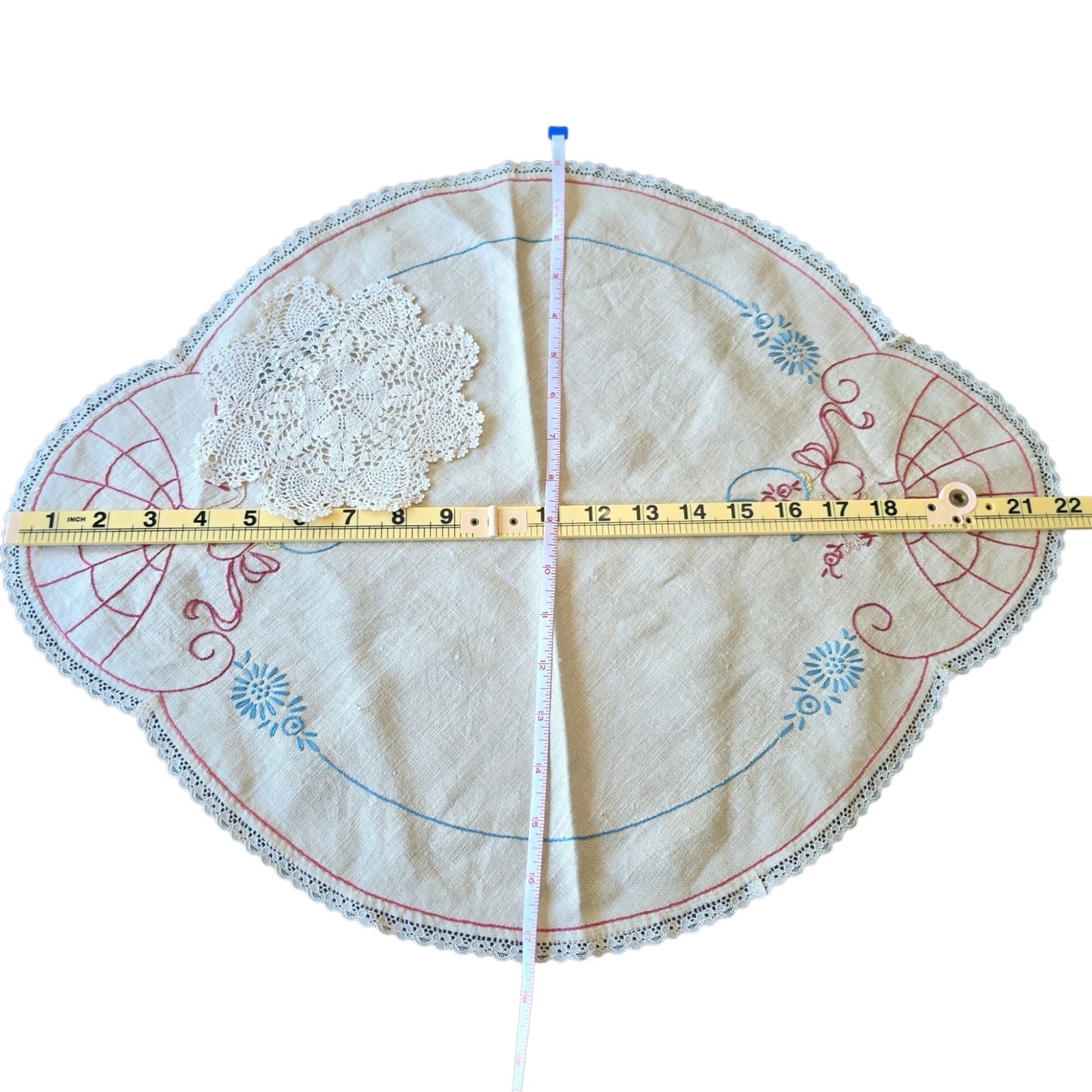 Vintage Crinoline Lady Embroidered Dresser Scarf & Crochet Doily Set Centerpiece
