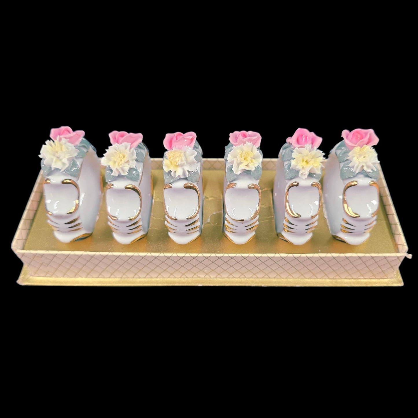 Vintage Set Of Six Dresden Pink Rose Porcelain Napkin Rings
