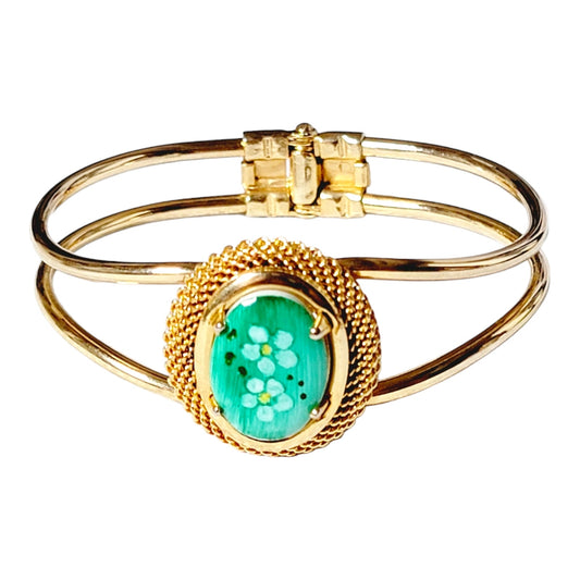 Gold Tone with Green Handpainted Oval Stone Hinged Bracelet Fashion Jewelry