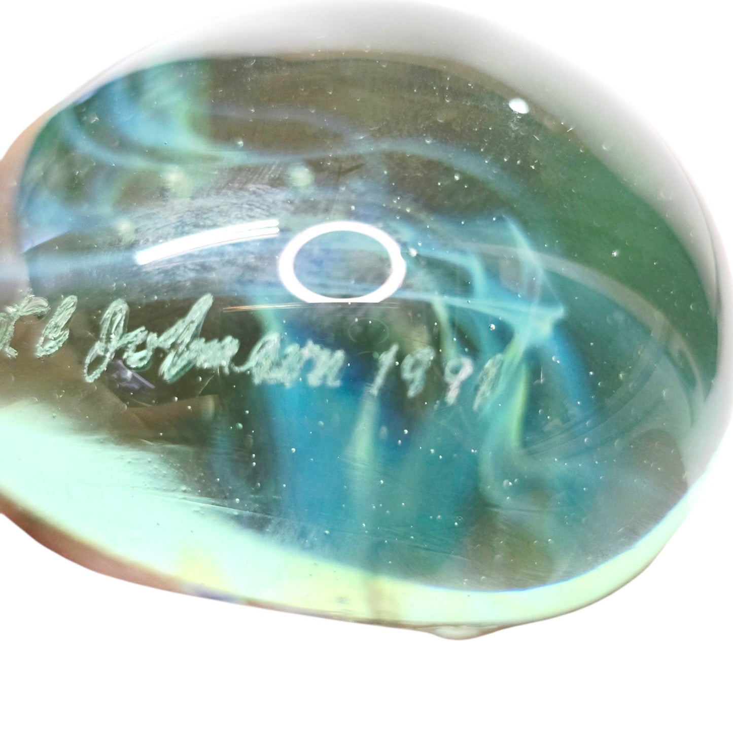 Signed Gilbert C. Johnson 1991 Art Glass Heart Paperweight Blue Green Vortex