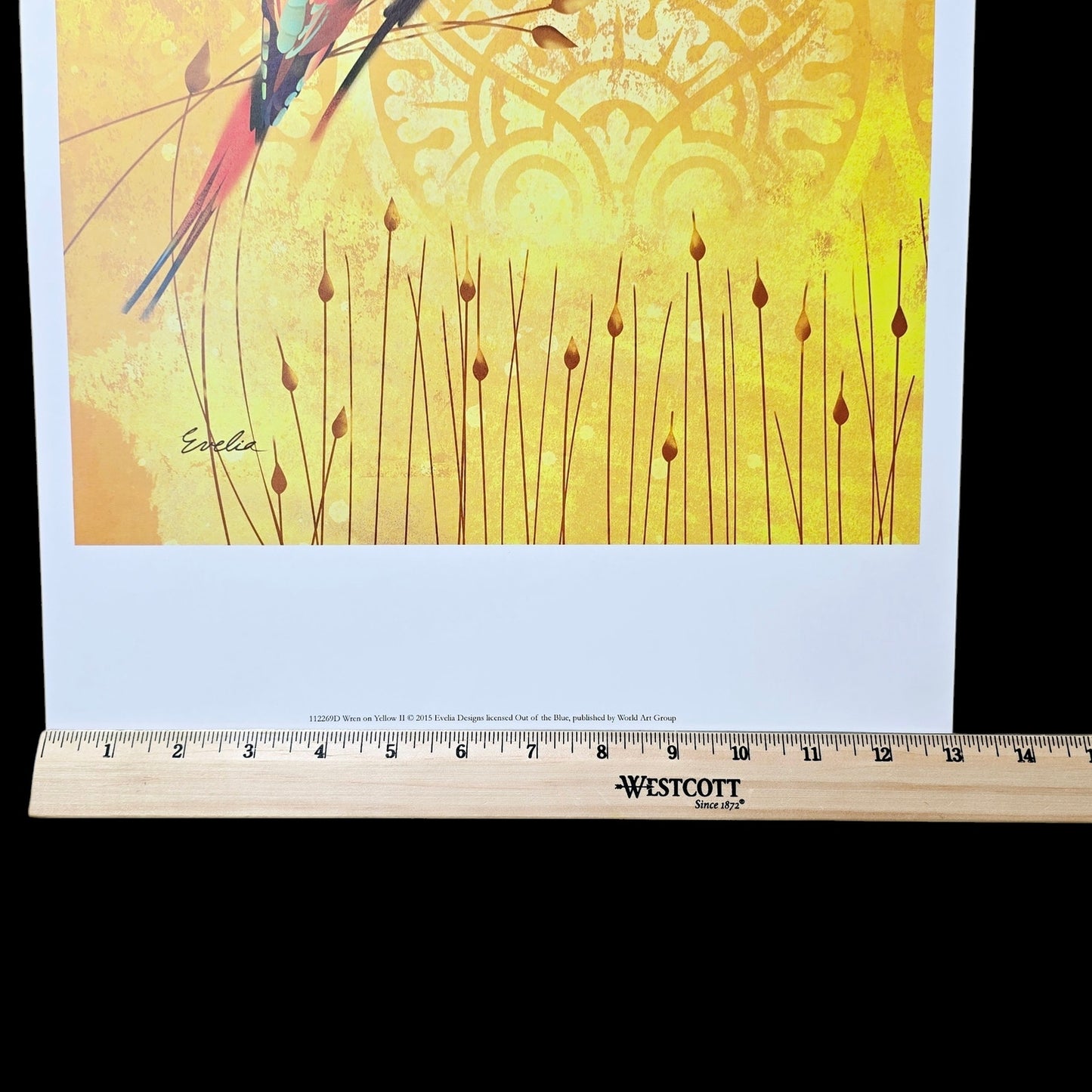 Set of 2 Wren Bird Art Prints: Wren on Yellow I and II, 2015 Evelia Designs, Licensed Out of the Blue, Published by World Art Group