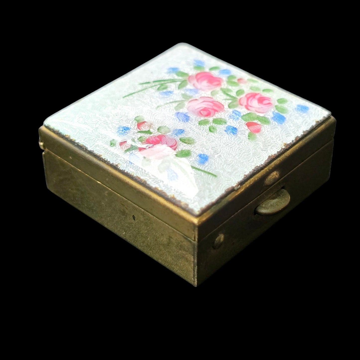 Vintage Pill Box Hand Painted Enamel over Brass with Guilloche Pattern