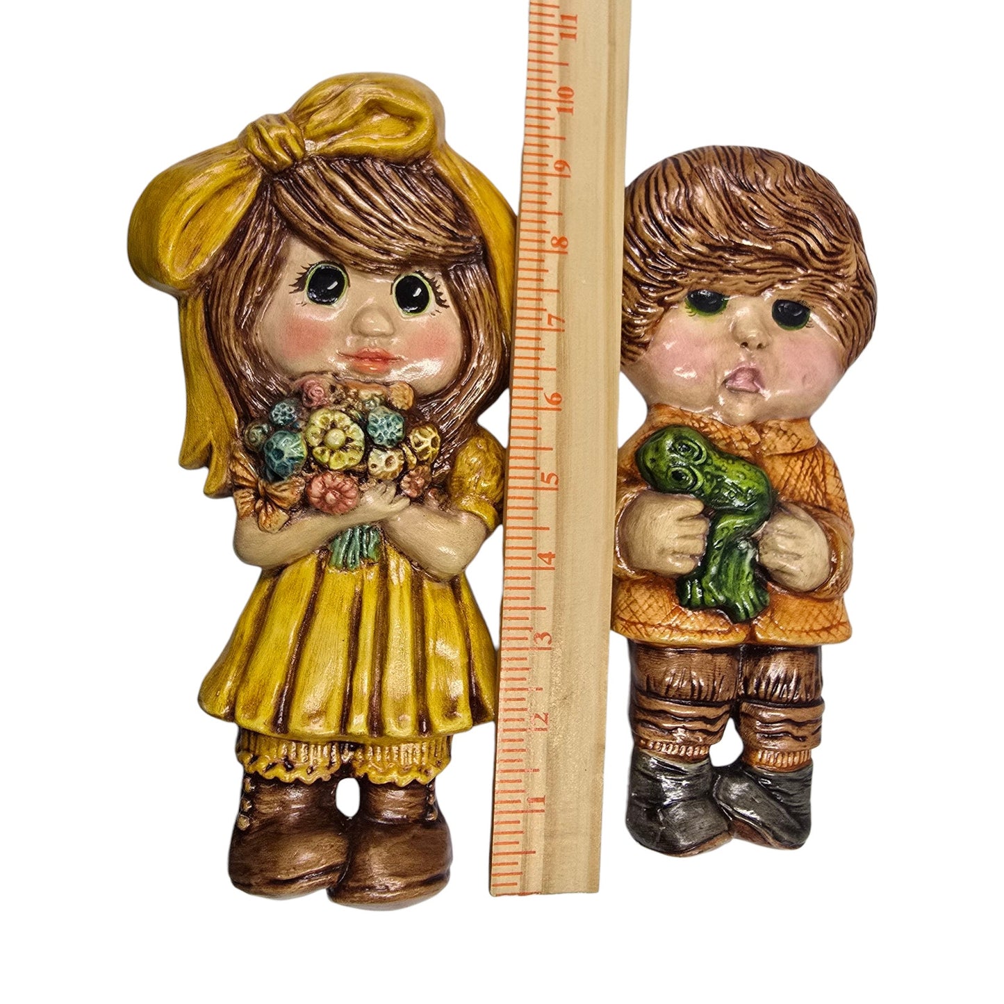 1970s Retro Wall Plaques Sunset Ceramics Kids Vtg Big Eyes Boy Girl Kitschy Pair