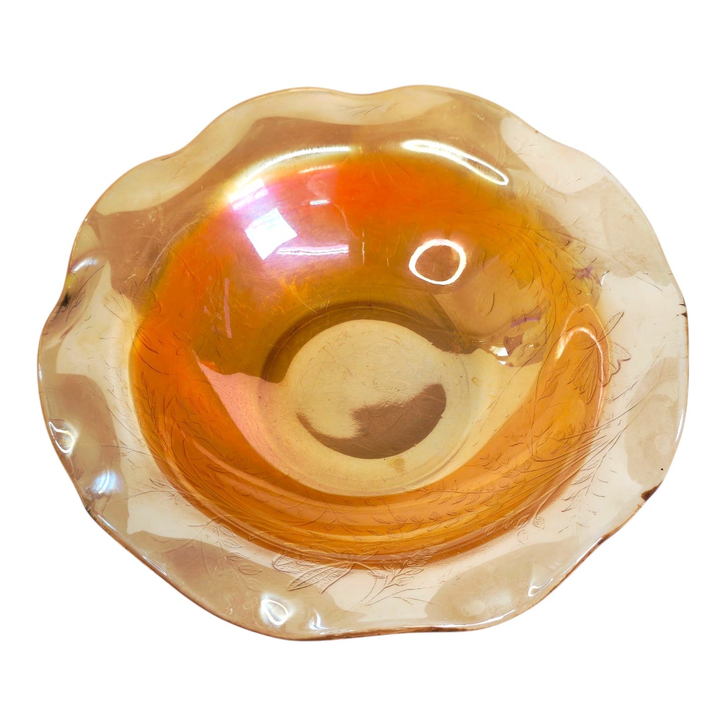 Mid Century Iris & Herringbone Jeannette Carnival Marigold Glass Bowl