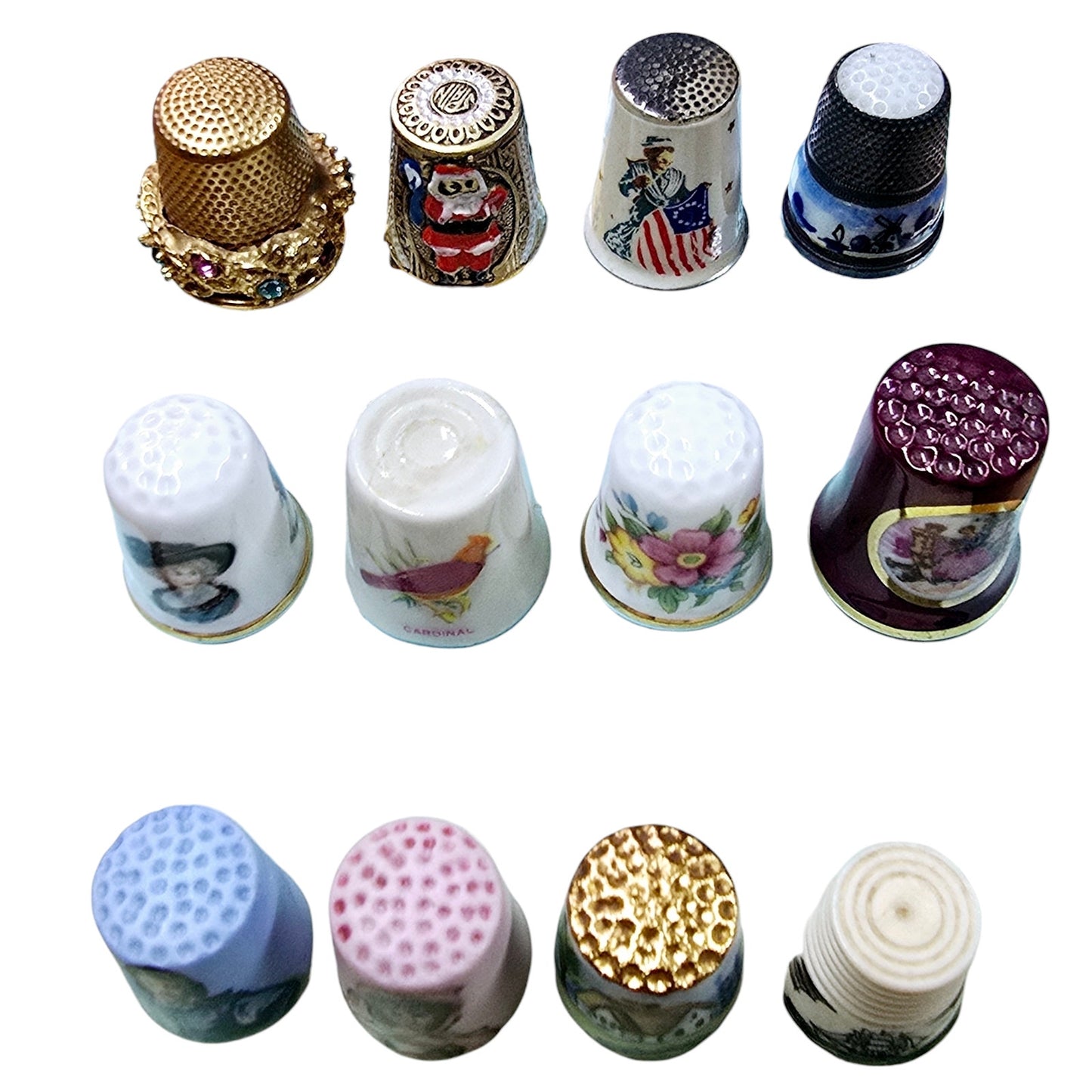 12 Vintage Thimbles Assorted Ceramic, Bisque, Metal, See Pictures & Description