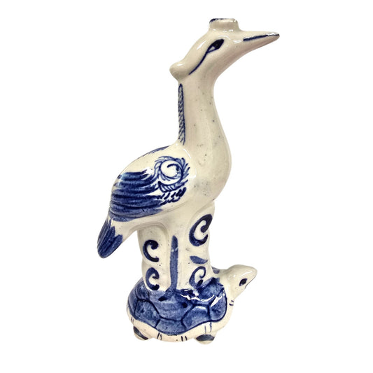 Vintage Blue & White Ceramic Crane Standing on Turtle Figurine, Asian Longevity Motif