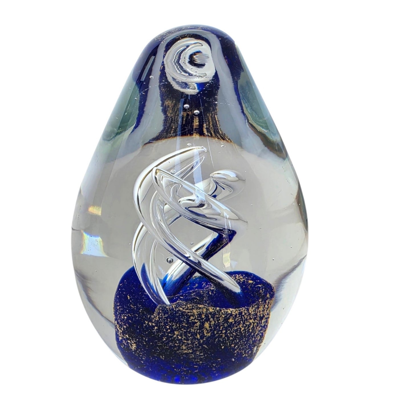 (Reserved for Customer) Vintage Art Glass Egg Paperweight Royal Blue Gold Fleck Aventurine Helix Swirl