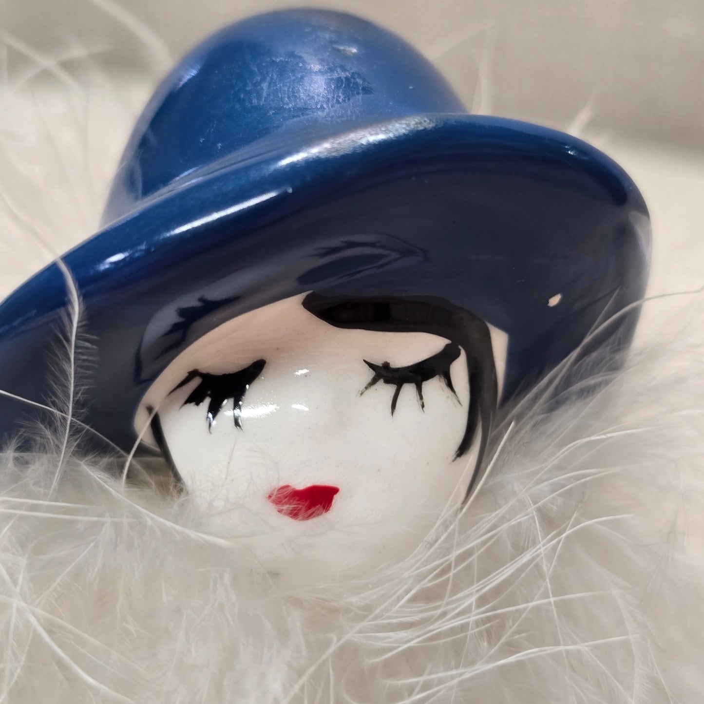 Vintage I.W. Rice Flapper Girl Powder Jar Trinket Box  in White and Blue, Read