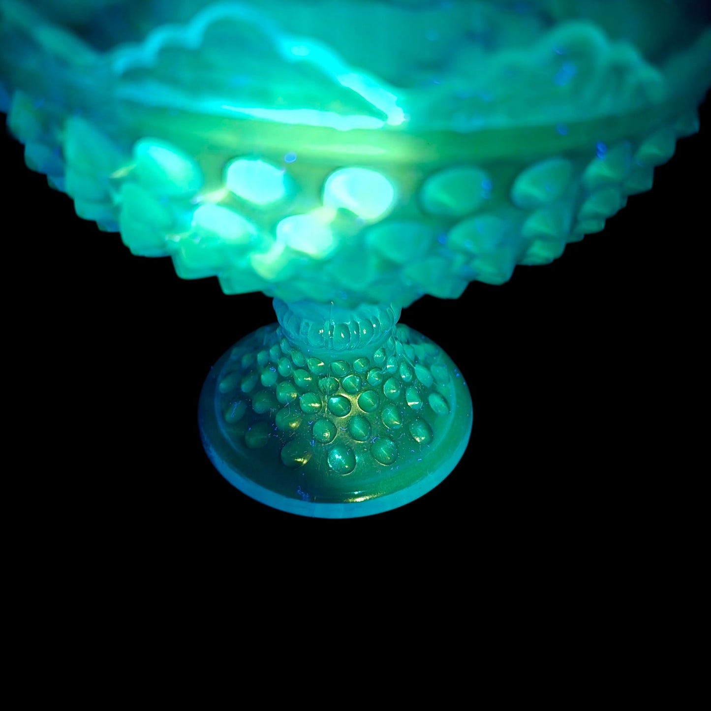 Vintage Blue Hobnail Covered Compote Pedestal Candy Dish – Glows Under 365nm UV