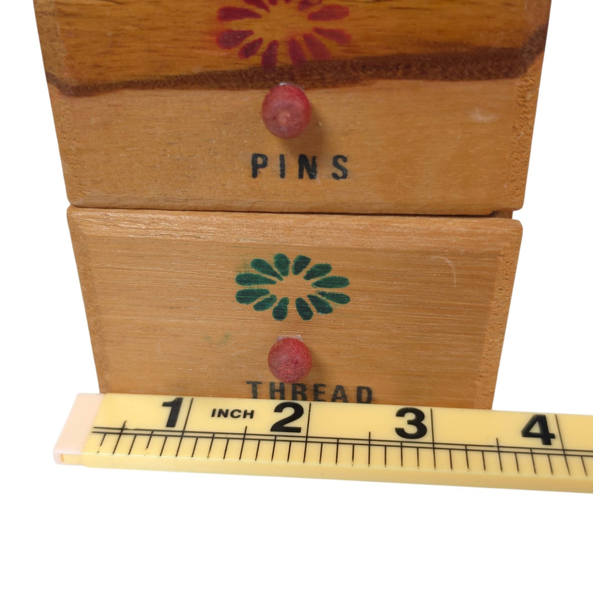 Vintage Wood Sewing Notions Box 3 Drawers Floral Wall Mount Pins Needles Thread
