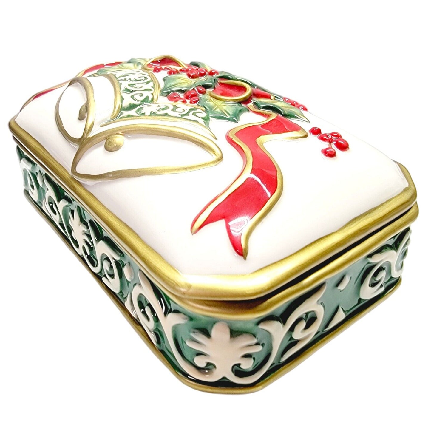 Fitz and Floyd Christmas Bells Porcelain Lidded Trinket Box 2004