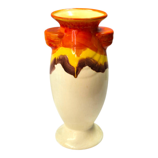 Vtg Czechoslovakia Pottery Vase Orange Yellow Brown Drip Glaze Ceramic 6"