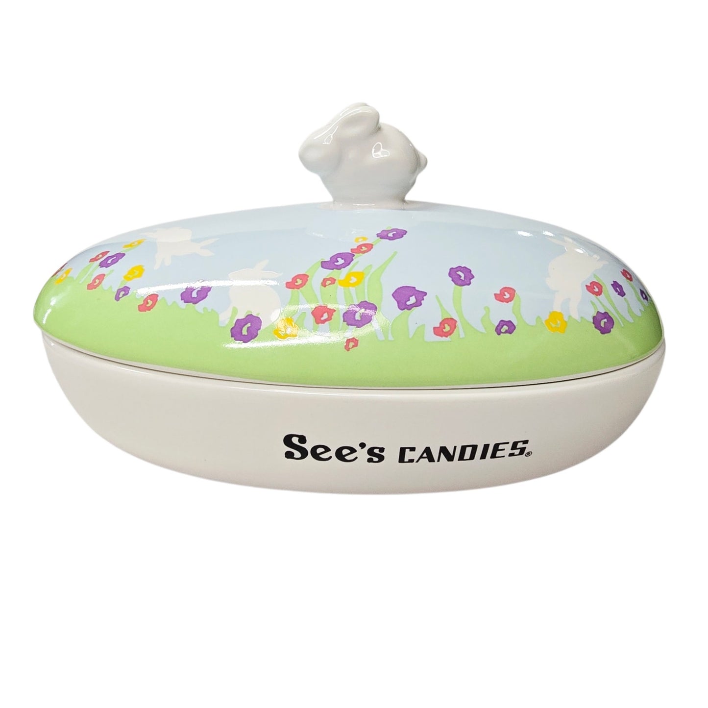 NIB See's Candies Easter Candy Dish Ceramic Lidded Bunny Knob Lid 7.5" Floral
