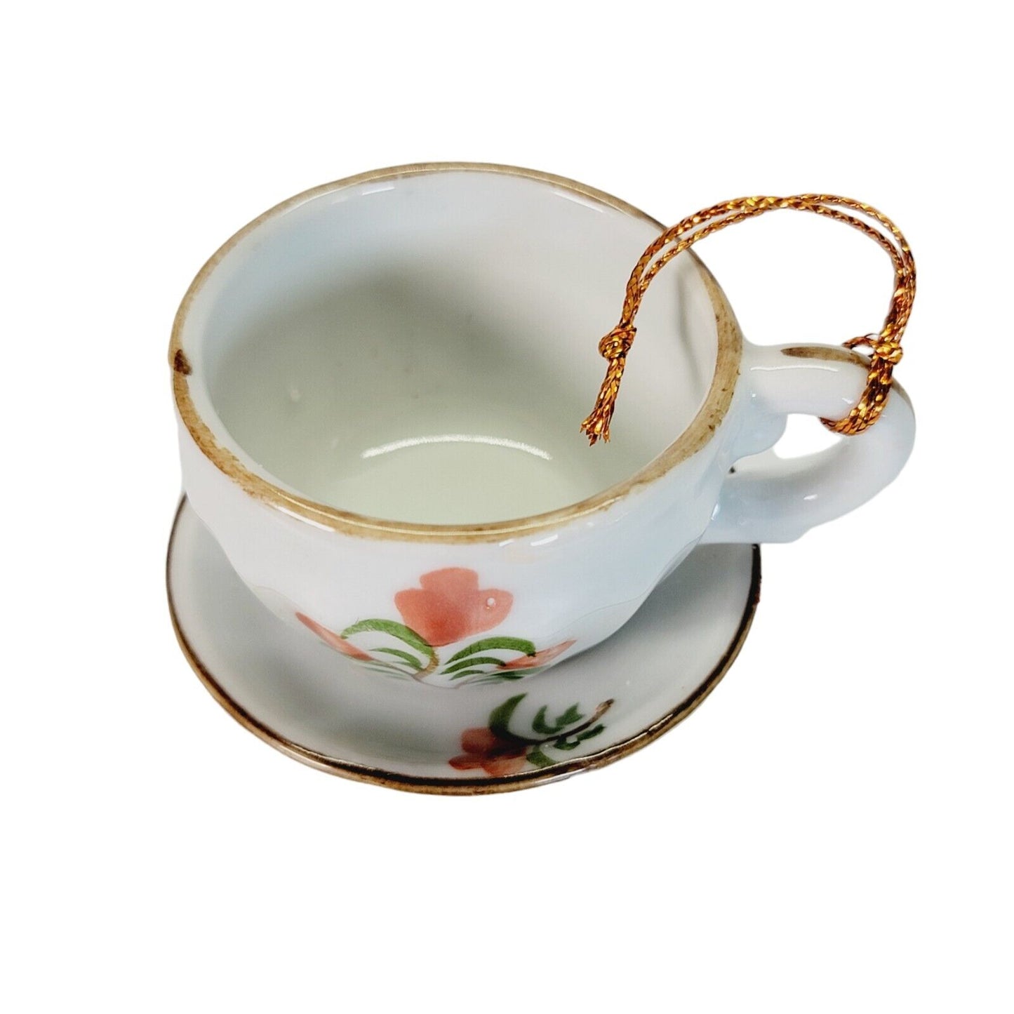 Vintage Miniature Porcelain Teacup And Saucer Floral Gold Trim 1" H