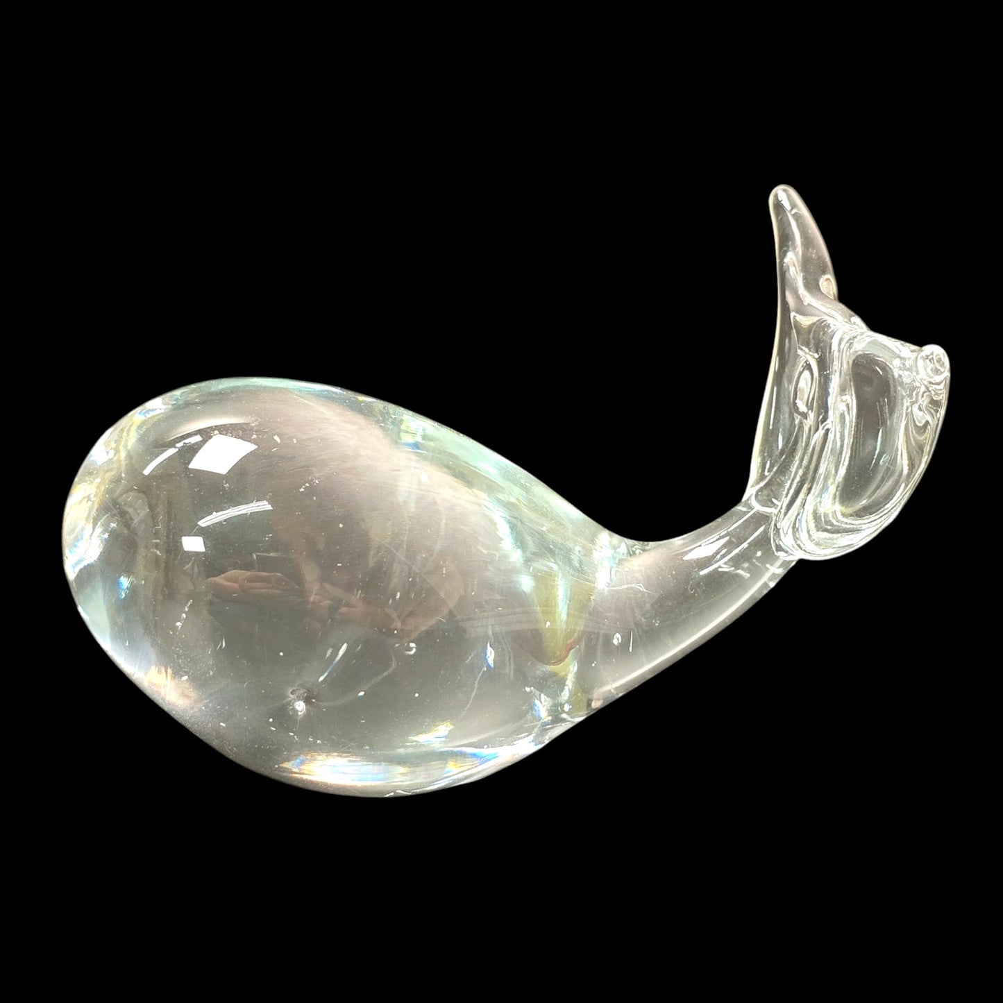 Handblown Clear Art Glass Whale, Polished Bottom, UV Glow