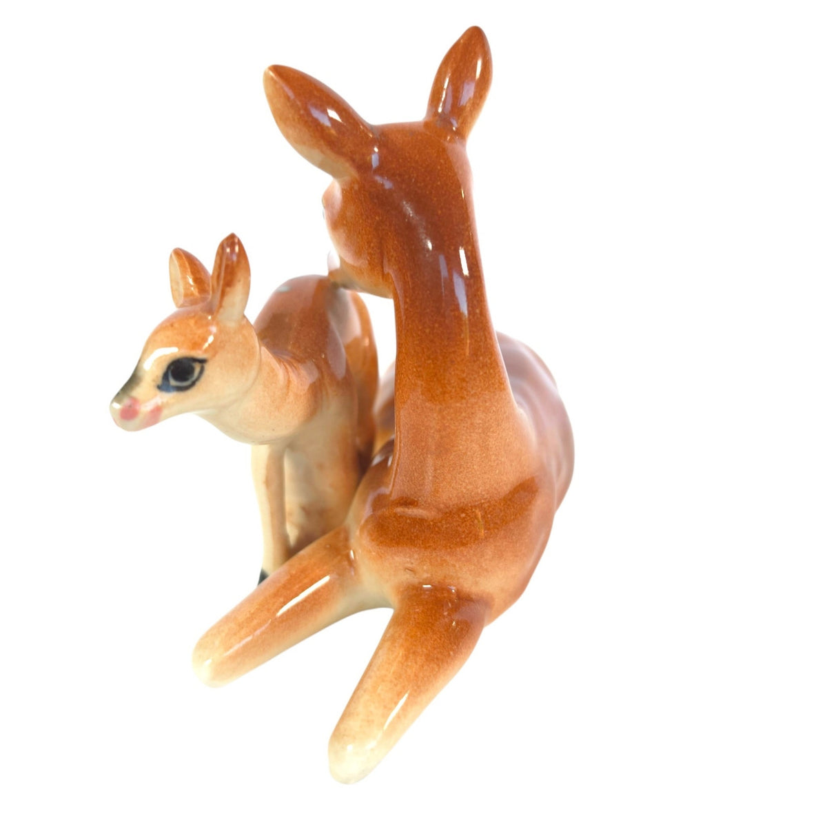 Vintage Ceramic Mother Deer & Spotted Fawn Figurine Doe Baby Woodland 5.75"