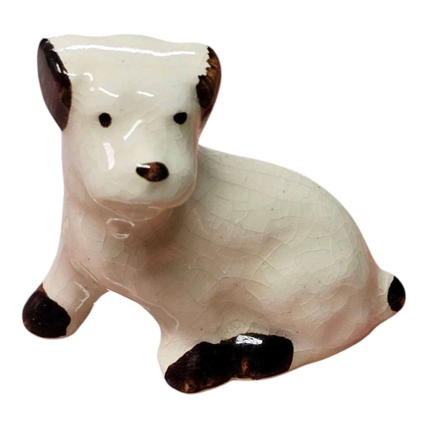 Vintage Miniature White Porcelain Dog with Brown Ears and Paws Figurine