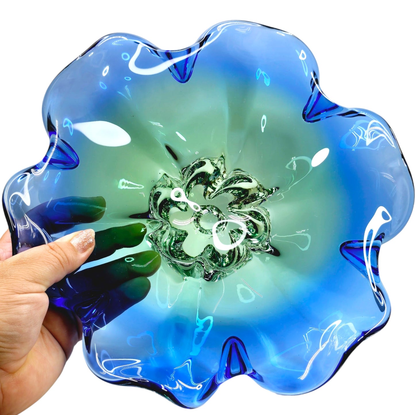 Royal Gallery Blue Green Ombre Crystal Glass Pedestal Bowl / Centerpiece 10.5"