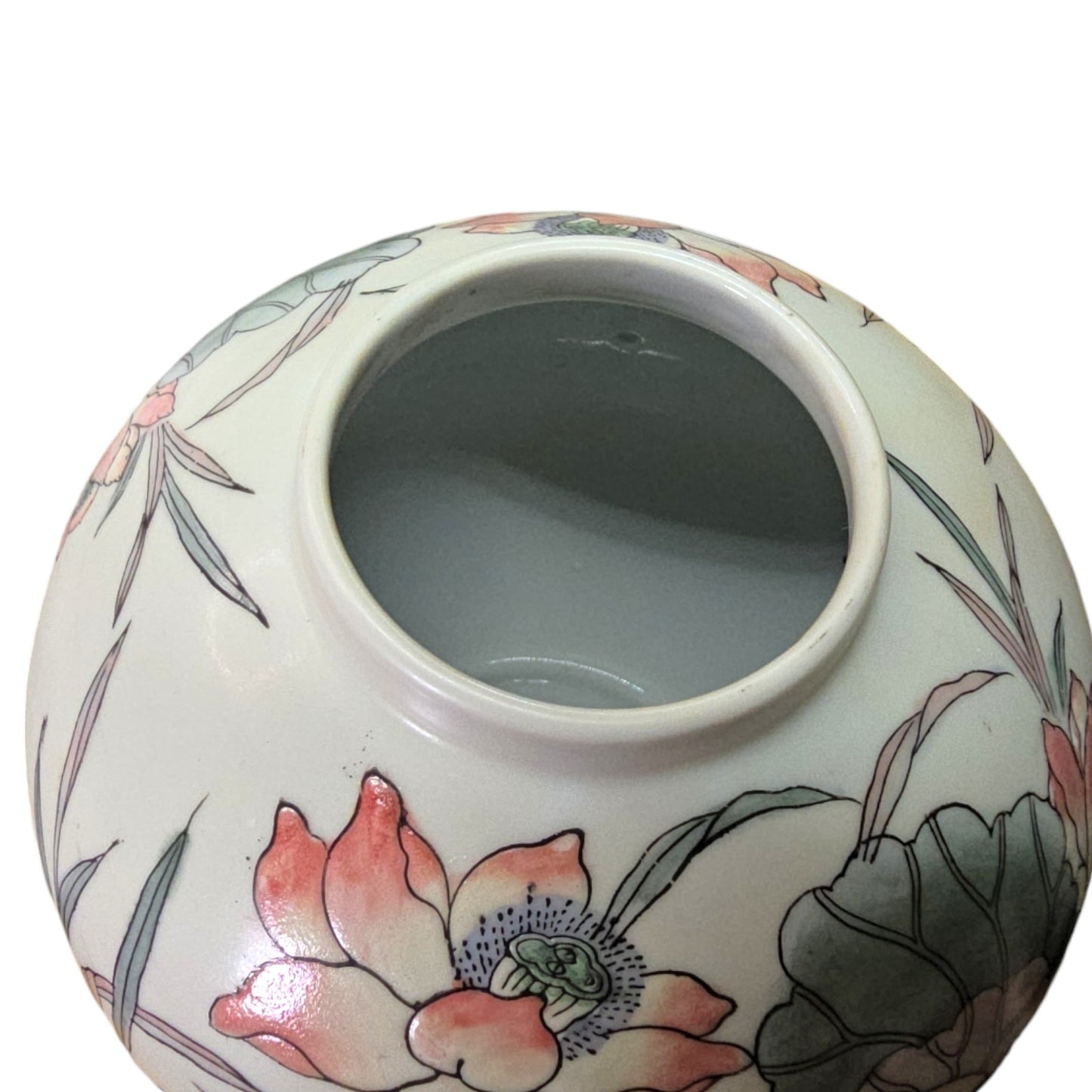 Vintage Asian Porcelain Ginger Jar with Lid, Floral Pattern with Birds in Pastel Mint and Peach