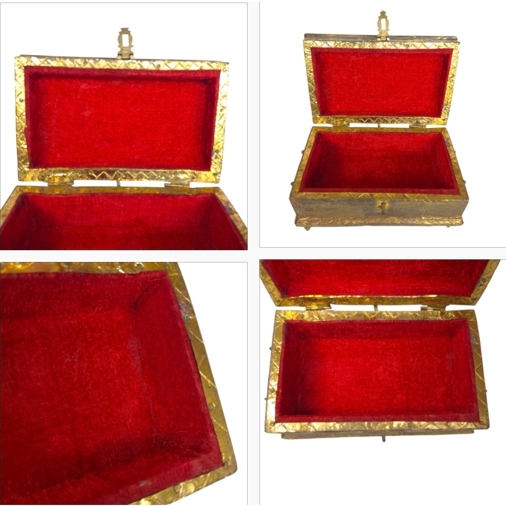 (Reserved for Customer) Vintage Embossed Repousse Brass Jewelry Box Red Velvet Lined Ornate Features