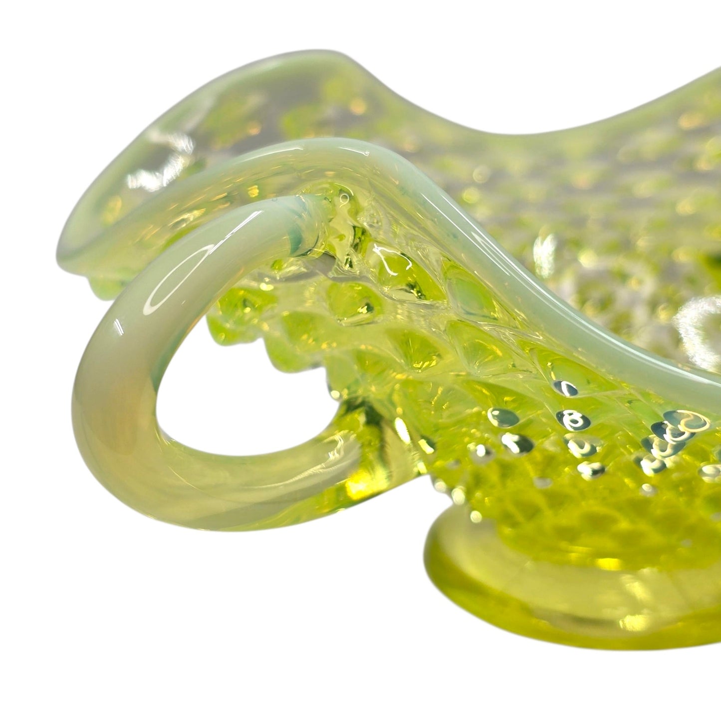 Fenton Vaseline Opalescent Hobnail Bonbon Dish Uranium Glass Double Handle Glows
