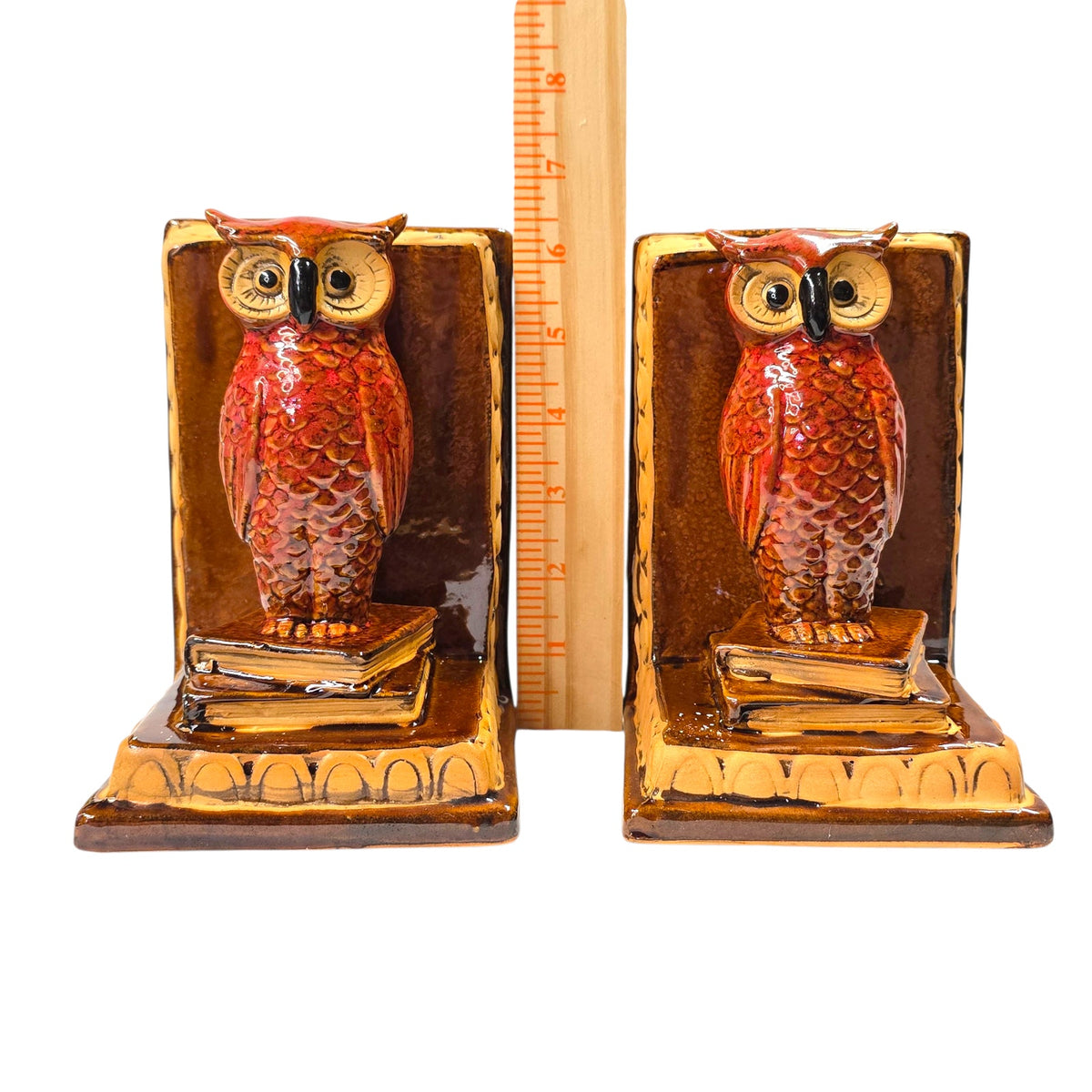 Vtg Ceramic Owl Bookends Great Horned Owl Red Glaze Owls on Books Retro Fall MCM
