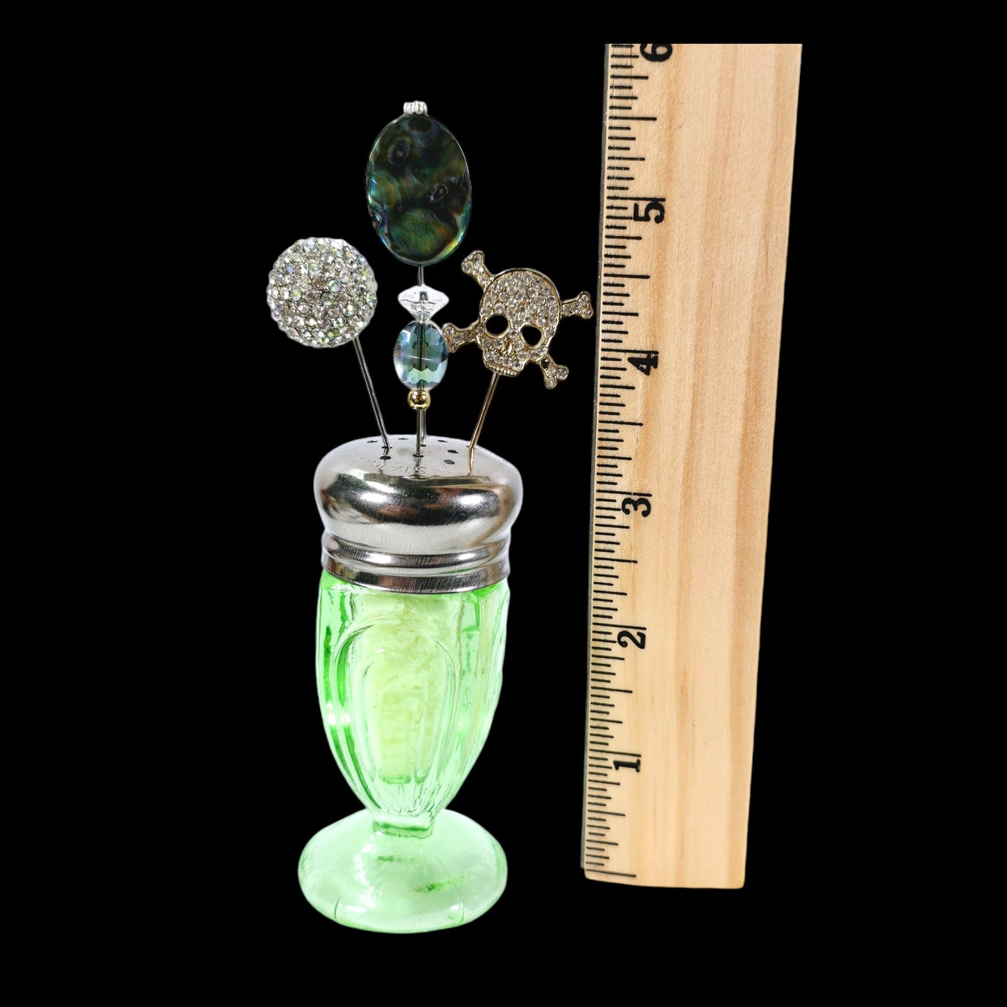 Green Uranium Glass Salt Shaker Stick Pin Display, 4 Pins, Skull, Glowy, Sparkles, 5.5" H with Pins