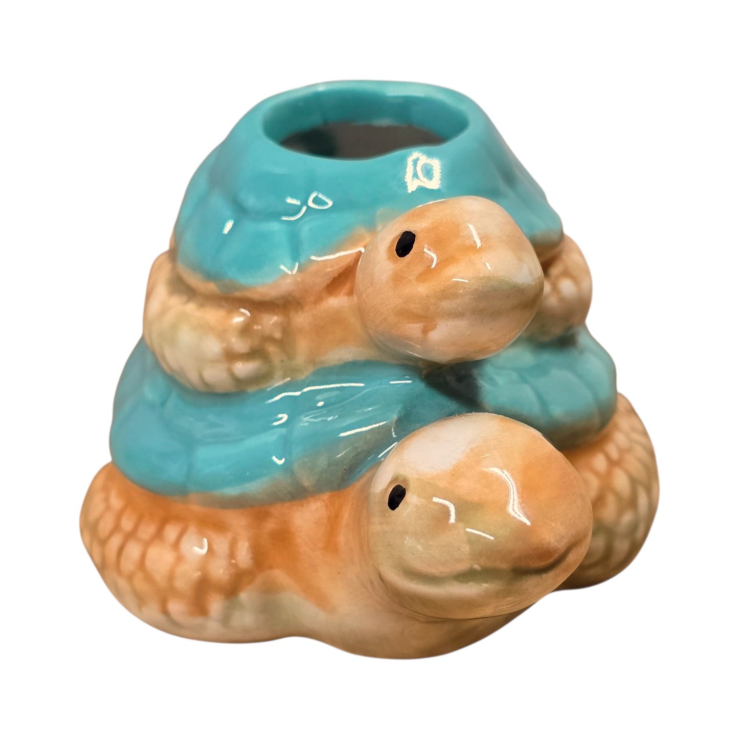Stacked Ceramic Turtles Candle Holder Double Tortoise Shell Figurine Decor Blue
