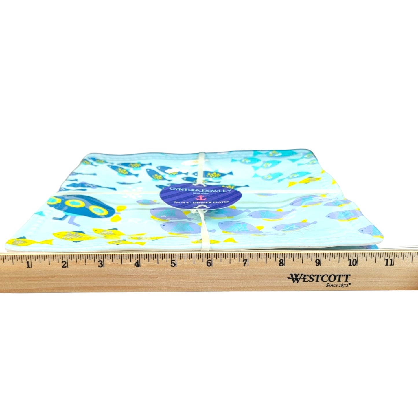 NEW Cynthia Rowley Large 11" Square Melamine Plates Set of 4, Blue Submarine School of Fish