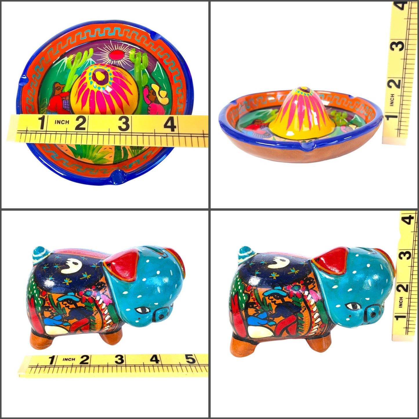 Vtg Mexican Folk Art Piggy Bank & Sombrero Ashtray / Trinket Dish Tonala Pottery
