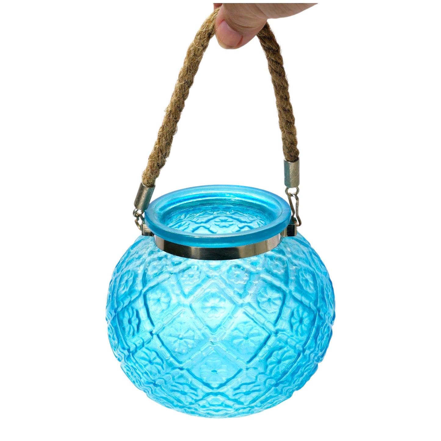 Blue Moroccan Globe Vase Teal Candle Holder w/ Rope Handle Flashed Glass BOHO