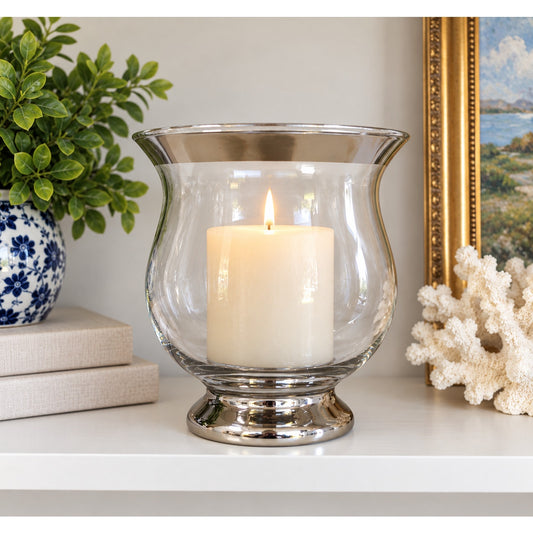 Vintage Crate & Barrel Minuet Glass Hurricane Candle Holder Silver Rim Italy