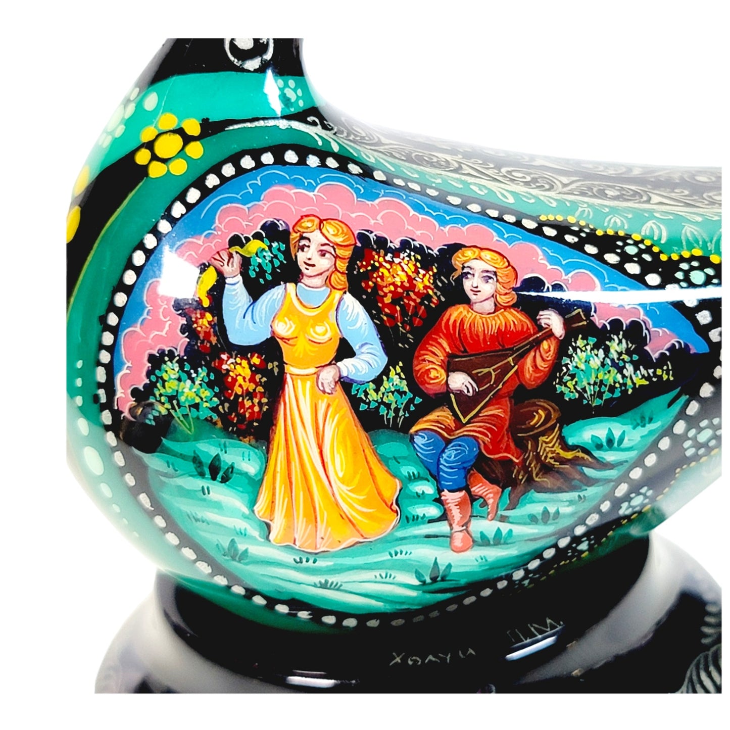 Signed Russian Decorative Lacquer Swan on Stand with Courting Couple