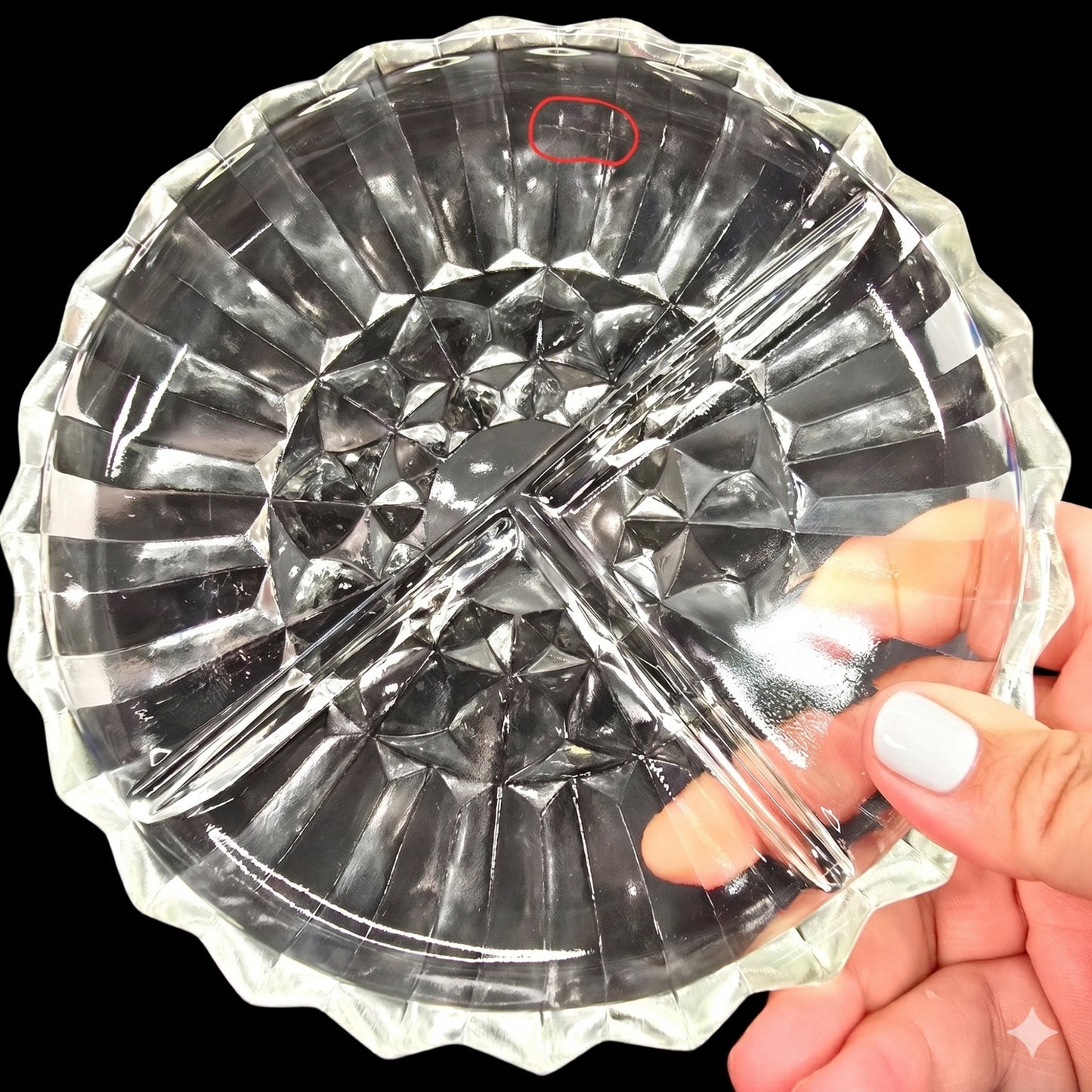 Vintage Pressed Glass Divided Relish Dish Clear Sunburst Pattern AS IS Read